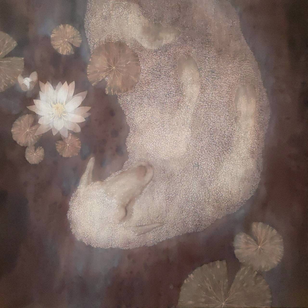 The moon meets Venus、日本画、絹本・墨・岩絵の具、睡蓮の水辺で丸くなって眠る羊